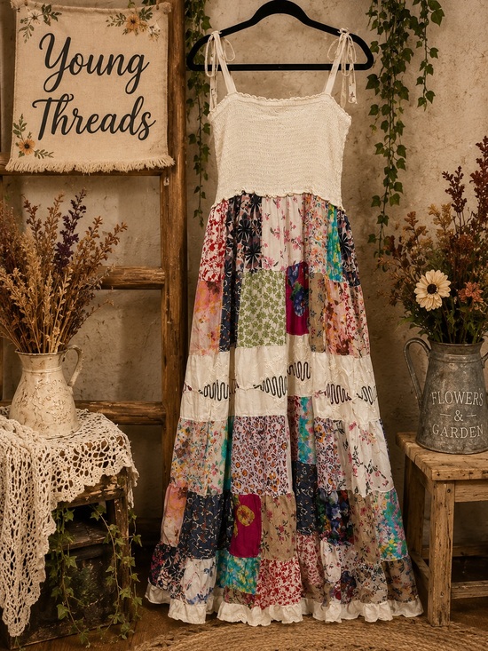 Young Threads Dresses & Skirts - Young Threads Women's White Crochet Bodice Patchwork Midi Dress